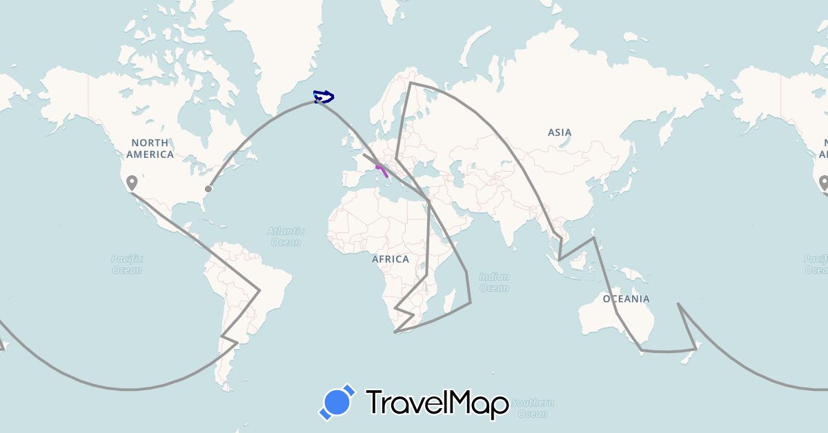 TravelMap itinerary: driving, plane, train, hiking, boat in Argentina, Australia, Brazil, Chile, Finland, France, Greece, Hungary, Iceland, Italy, Cambodia, Malawi, Mexico, Namibia, New Caledonia, New Zealand, Philippines, Singapore, Thailand, Tanzania, United States, South Africa (Africa, Asia, Europe, North America, Oceania, South America)